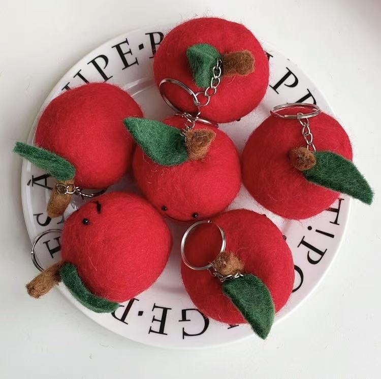Smiley Apple Handmade Needle Felt Key Ring in Plate