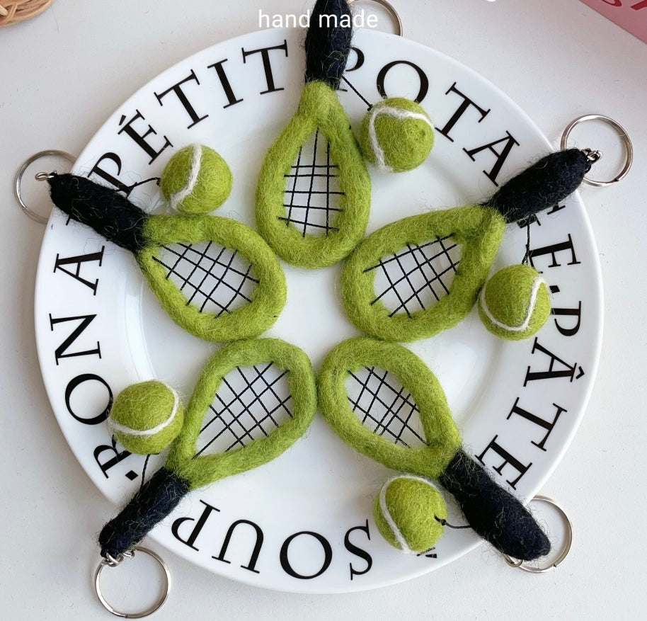 Tennis Racket and Ball Handmade Needle Felt Key Ring in Plate