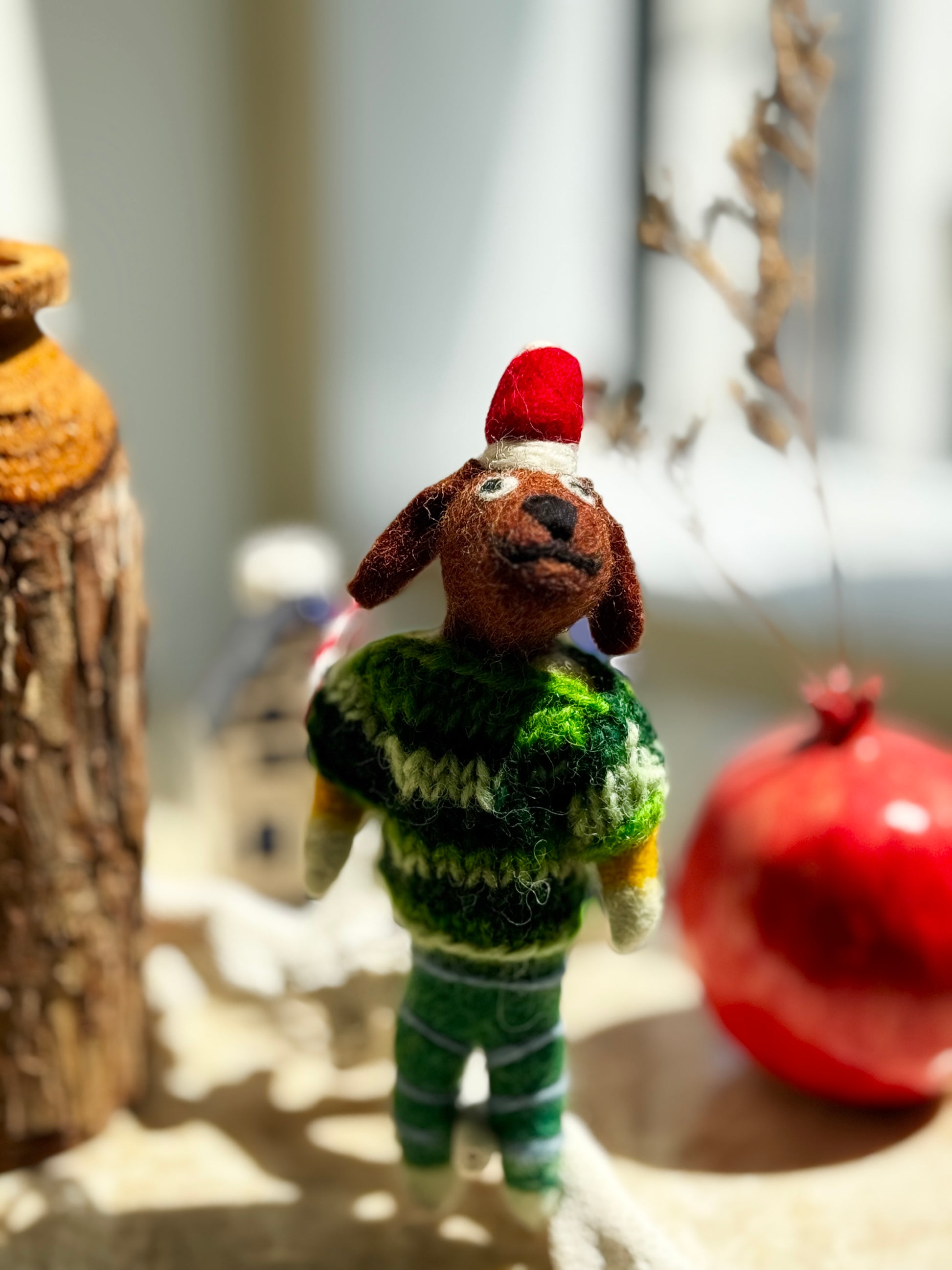 Handmade Needle Felt Puppy in Green Sweater