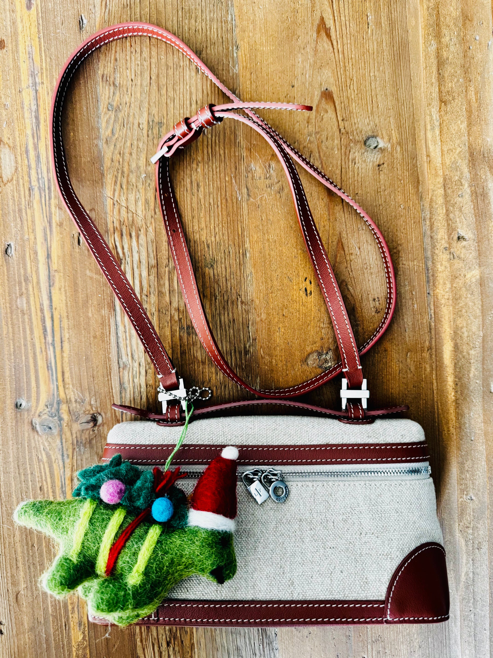 Handmade Needle Felt Hanging Green Dinosaur with bag