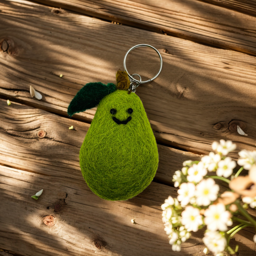 Smiley Avocado Handmade Needle Felted Key Ring