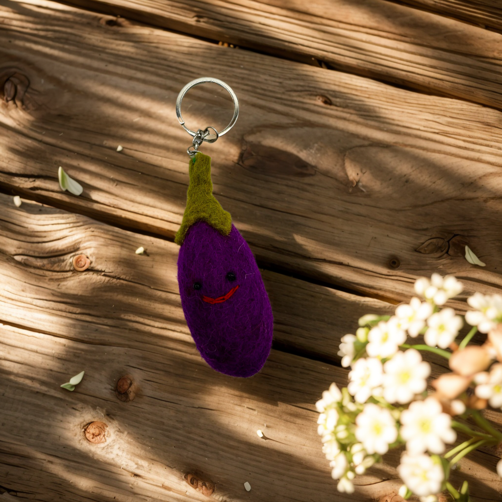 Smiley Eggplant Handmade Needle Felted Key Ring