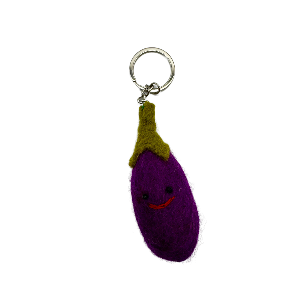 Smiley Eggplant Handmade Needle Felted Key Ring