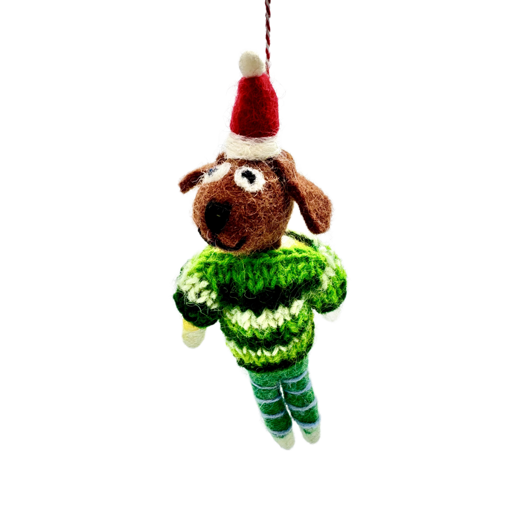 Handmade Needle Felted Puppy in Green Sweater