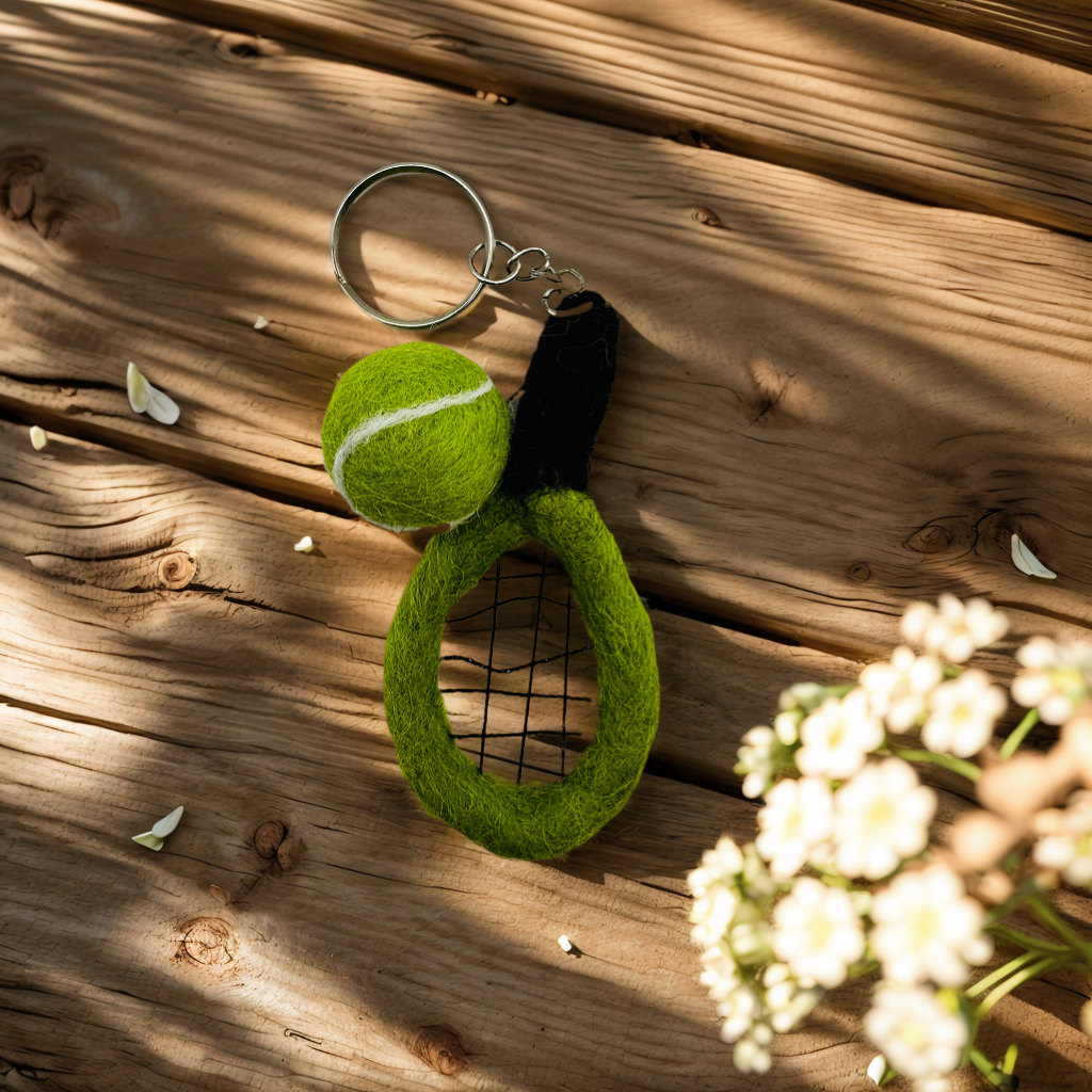 Tennis Racket and Ball Handmade Needle Felted Key Ring